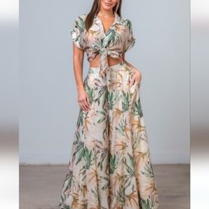 Tropical Leaf Print Wide-Leg Pant Suit